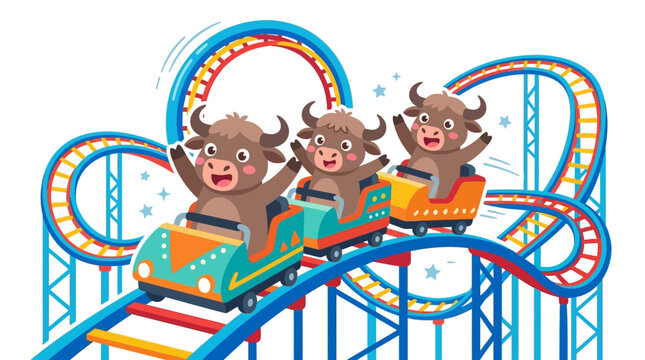 Cute Oxen Riding Roller Coaster, Amusement Park Adventure