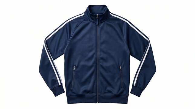 A navy blue track jacket with white stripes on the sleeves, a full zipper, and a stand-up collar, displayed flat on a white background.