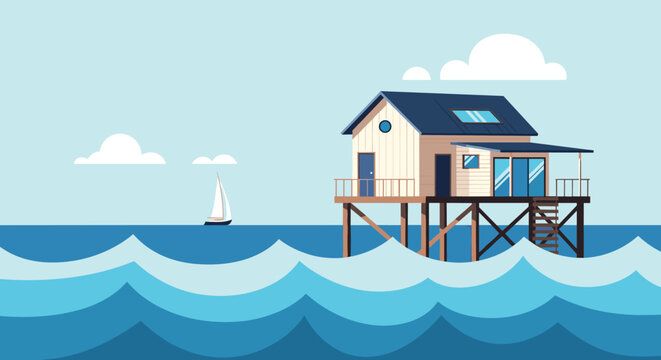 Modern house on stilts stands above ocean waves under a clear sky with a sailboat in the distance.