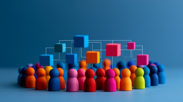 Colorful Wooden Dolls Representing Workplace Dynamics and Burdens in a Visual Flow Chart Design Ideal for Illustrating Team Collaboration and Structure
