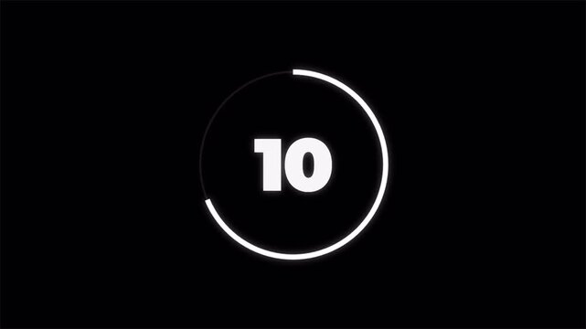 Circular countdown timer from 15 to 0, digital progress ring animation 4k video