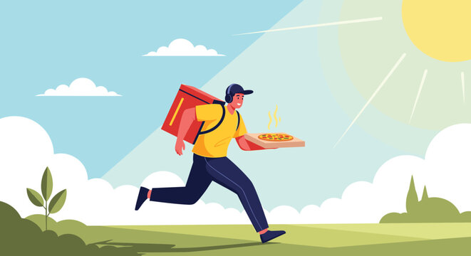 Energetic delivery man runs quickly across a grassy field carrying a hot pizza box during a bright sunny day.