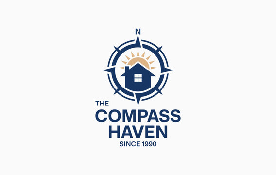 Real estate logo template featuring a house silhouette with a rising sun inside a compass rose for property investment and corporate relocation services