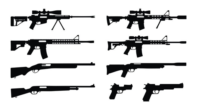 A tactical silhouette illustration of various modern firearms displayed against a clean background