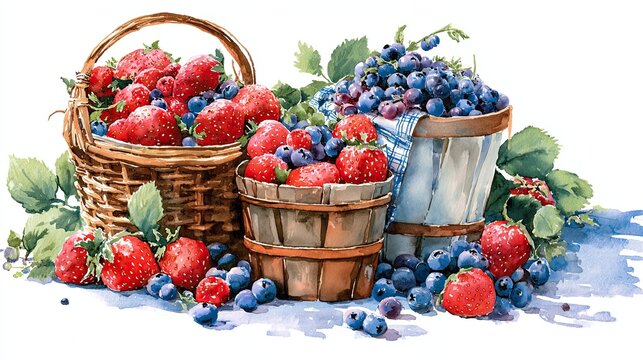 Watercolor illustration of baskets filled with fresh strawberries and blueberries, surrounded by leaves and scattered berries.