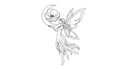 Elegant Line Art Fairy Holding Moon and Flower, Ethereal Night Creature © Papa