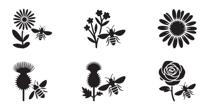Set of floral silhouette icons with honey bees flying around flowers on transparent background set.