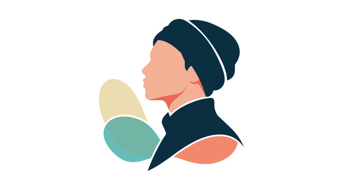 Stylized profile silhouette of a woman wearing a dark beanie hat against a white background with soft abstract shapes.
