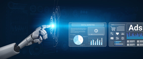 Naklejka premium A robot hand reaches towards a vibrant digital marketing interface showcasing data analytics, graphs, and promotional content, symbolizing advanced technology. Gantry