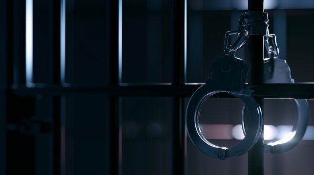 Criminal justice concept, a handcuffs attached to black prison bars, dark blurred detention background, investigative journalism theme, law enforcement and legal system concept, space for breaking new