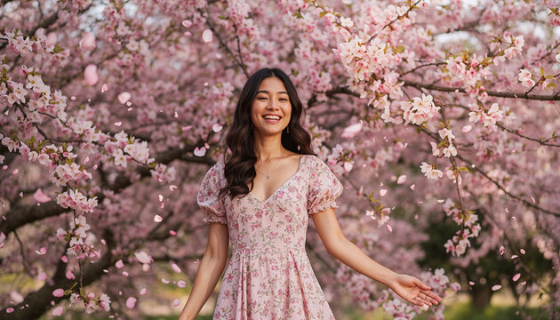 Joyful Asian Woman in Floral Dress Laughing Among Falling Cherry Blossom Petals in Spring Garden