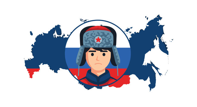 Portrait of a person wearing a traditional Russian ushanka hat with a red star centered over a map of Russia in national flag colors.
