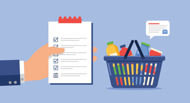 Person holding a checklist while standing next to a blue shopping basket filled with various groceries and a notification bubble.