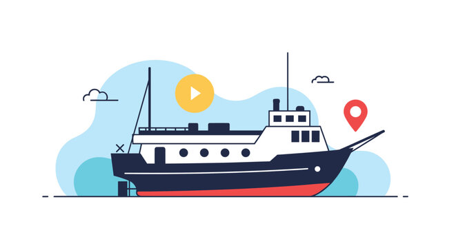 Modern blue and white ship sailing on the sea with abstract clouds and location icons for travel and tourism concepts.