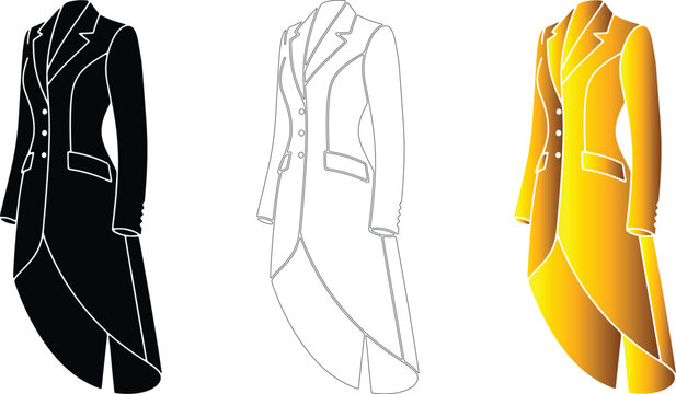 Women tailcoat jacket vector icon set with black silhouette outline and gold gradient coat