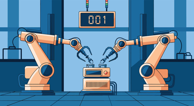 Two orange robotic arms working on an assembly line in a modern blue factory facility with a digital counter display.