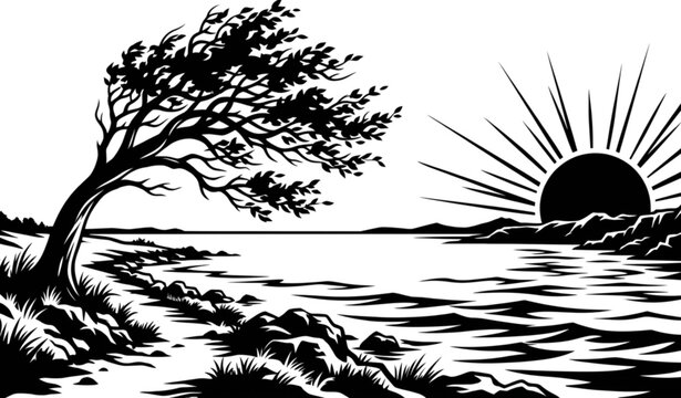 Dramatic Wide Angle Sunset Lake Scene with Windswept Tree Silhouette Black Vector Illustration