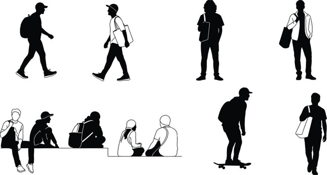 Set of black people silhouettes walking standing and sitting on white background