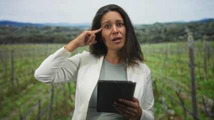 Woman holding tablet points finger to temple in forest vineyard rows while reading data on device  contemplation planning. © Krakenimages.com
