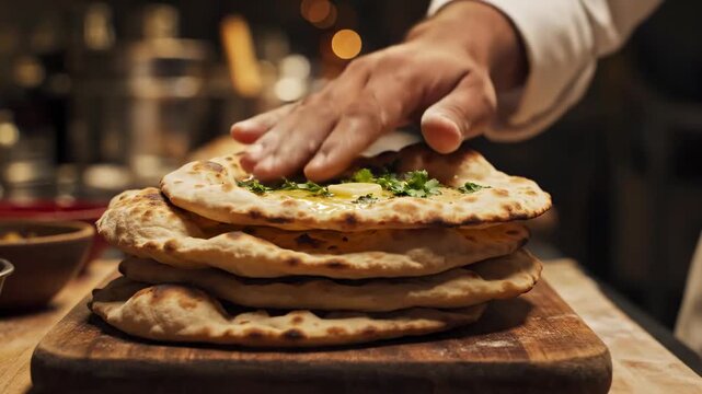 Freshly Baked Flatbread Stack on Wooden Board with Chef Holding Herb-Topped Naan, Ideal for Restaurant Menus and Culinary Marketing.