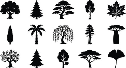 Black and white of various types of trees and plants, isolated on white background, foliage pine tree © Graphic Shops