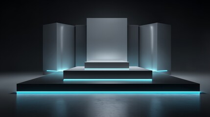 Obraz premium Modern Illuminated Product Display Podium with Futuristic Technology Lighting, Premium Showcase Stage, Luxury Presentation Platform, Corporate Exhibition Background and Minimal Product Pedestal Design