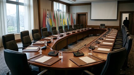 Fototapeta premium Empty corporate conference room with large wooden oval table, black leather chairs, and international flags