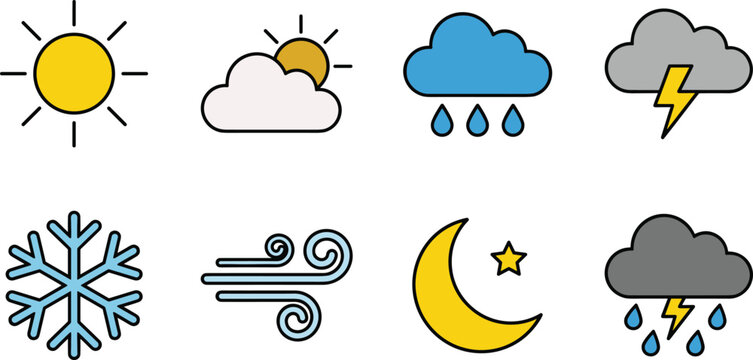 Weather forecast flat line icon vector set featuring sun cloud rain lightning thunderstorm snowflake wind moon and star elements