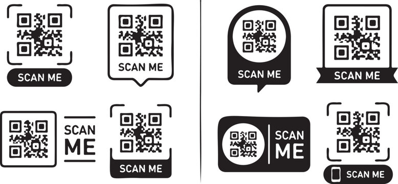 qr code scan me icon set, black qr label vector collection, digital barcode symbol design