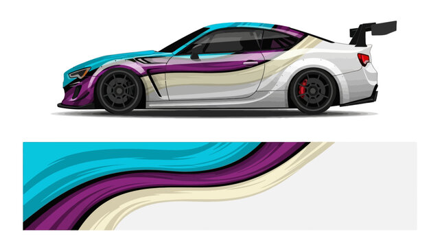 Colorful wrapped sports car with flowing rainbow graphics and swirls.
