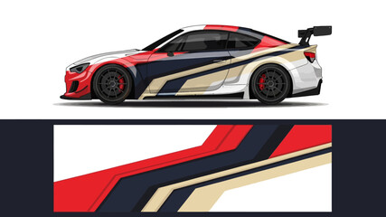 Fototapeta premium Sleek red and white racing car with bold gold and navy stripes on track.