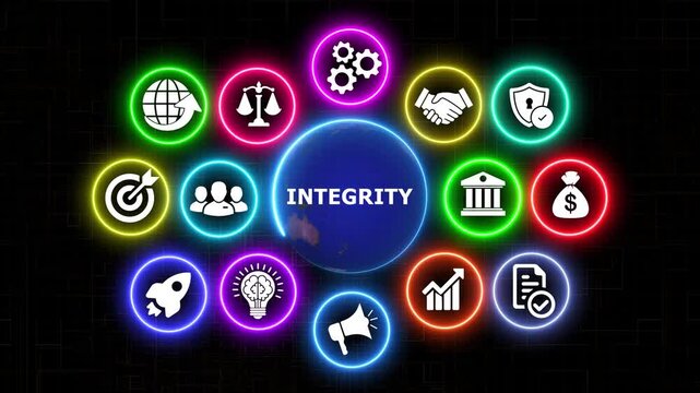 Integrity concept with earth and icons animation on black background.