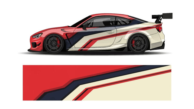 Side view of a race car with bold red, white and blue livery and aerodynamic design.