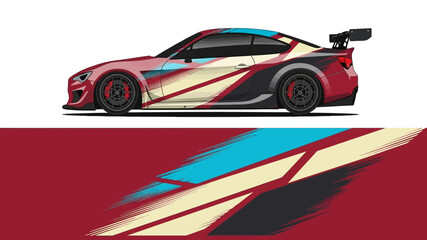 Fototapeta premium Stylized red blue beige striped sports car with aerodynamic design and spoiler.