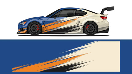 Naklejka premium High-speed orange and blue race car with dynamic graphics and banner design.