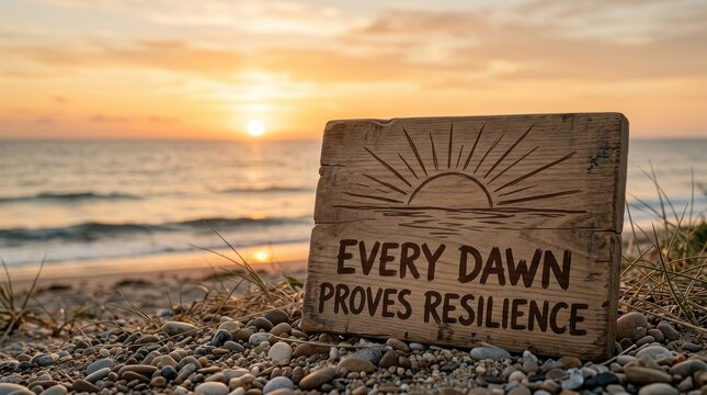 Wooden sign with resilience quote on beach at sunrise
