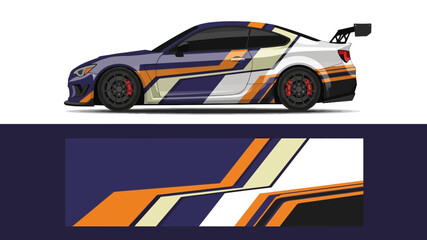 Sleek racecar profile featuring bold blue and orange livery with dynamic stripes. © Lailatul
