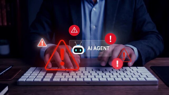 AI agent risk warning alert management interface with enterprise professional monitoring autonomous system notifications and intelligent automation oversight, 4k video clip