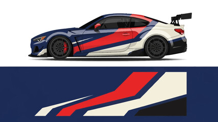 Naklejka premium Side View of a Blue and White Racecar with Red Livery and Bold Flag-Inspired Graphics.