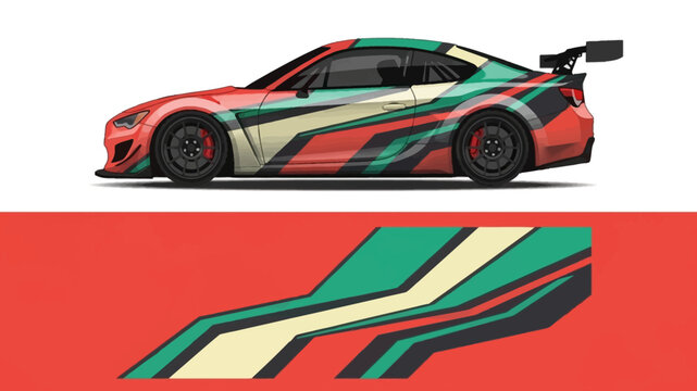 Multicolored race car side profile with bold stripes and dynamic graphics design.