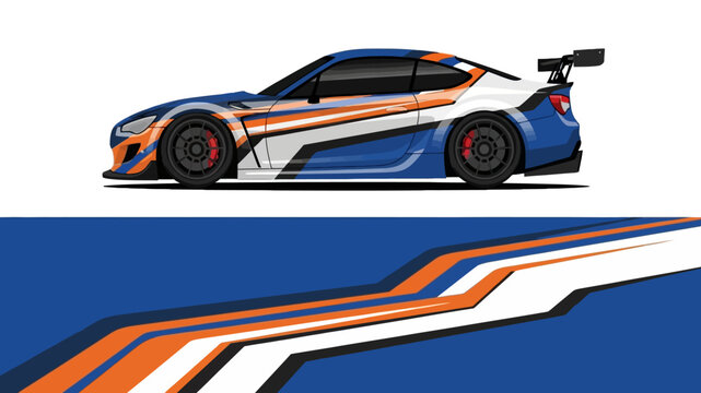 High-speed race car with blue and orange livery and dynamic aerodynamic lines.