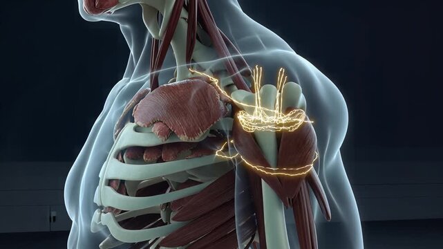 Human shoulder muscle and skeletal rib cage medical animation. 4K Video