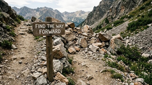 Wooden sign showing Find The Way Forward on a rocky mountain trail