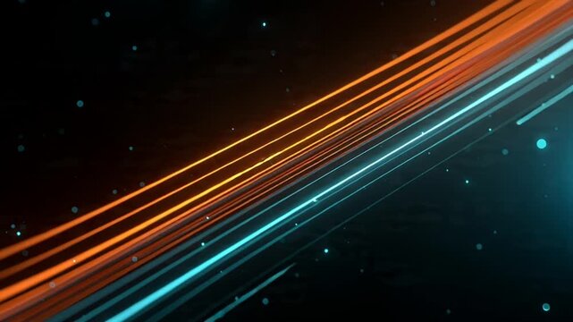 Vibrant orange and blue light streaks traverse a starry dark space background.