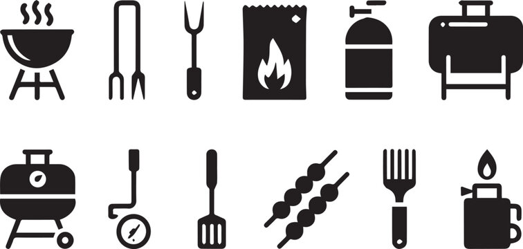 Black silhouettes of various barbecue and grilling related objects and food