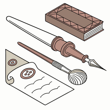 Antique Dip Pen with Brown Patterned Book and Calligraphy Tools on White Background