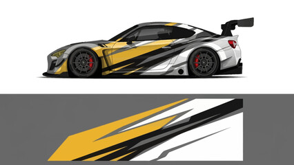 Fototapeta premium Side view of a sleek yellow black white race car with dynamic racing stripe.