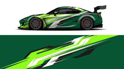 Green and black sports car with dynamic graphic design and sleek profile. © Lailatul