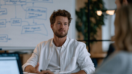 Obraz premium Blockchain developer presenting smart contract payment execution flowchart on whiteboard to fintech startup team, wide establishing shot of collaborative workspace, decentralized