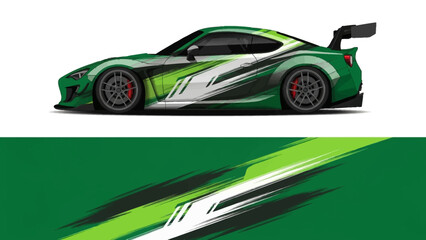 Dynamic profile of a green sports car with white and black racing graphics. © Lailatul
